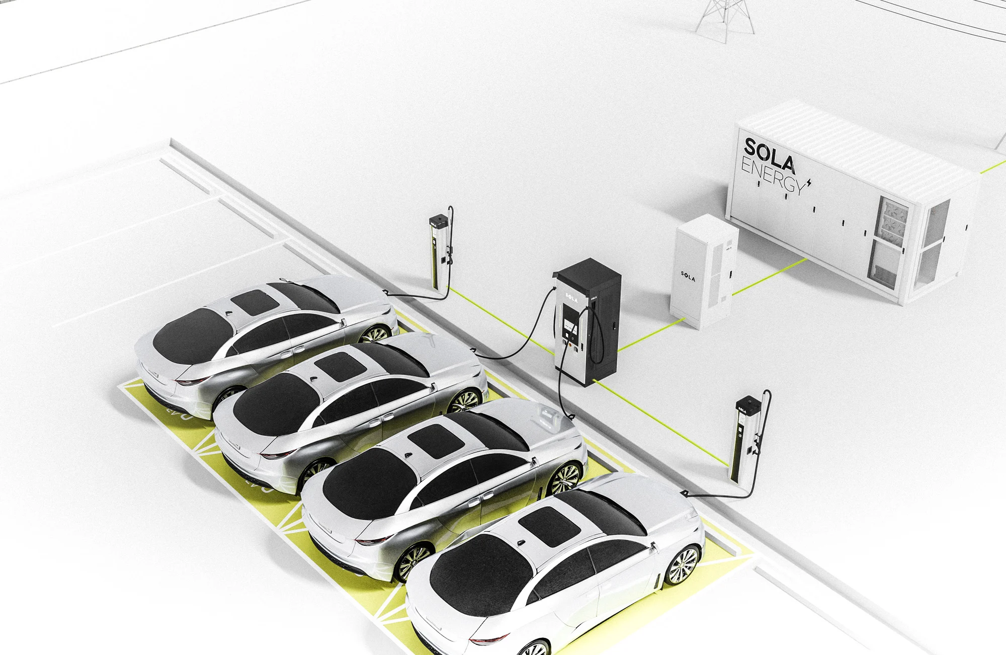 SOLA Modular i full utbyggnad: Speed-E G8, booster-effektmodul, energibank och satelliter vid fyra laddplatser
